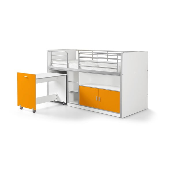 Bonny fehér-narancssárga emeletes ágy kihúzható asztallal és tárolóval, 200 x 90 cm - Vipack