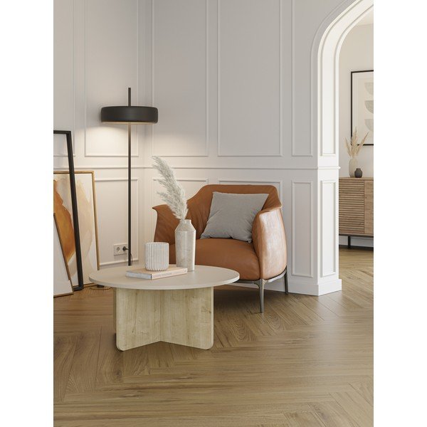 Krémszínű-natúr színű kerek dohányzóasztal tölgyfa dekorral ø 80 cm Hillary – Marckeric-image-1