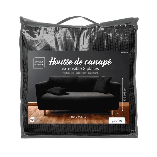 Fekete háromszemélyes gumis kanapé huzat Sacha – douceur d'intérieur-image-3