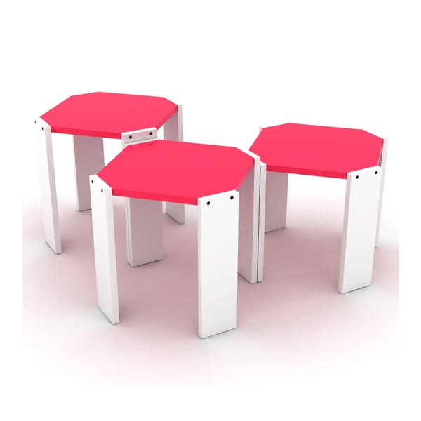 Rafevi Hansel 3 db egymásba rakható fehér tárolóasztal, rózsaszín részletekkel