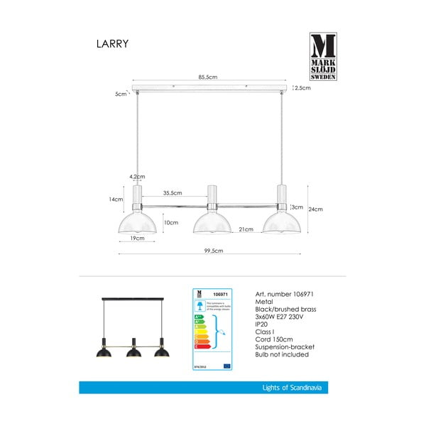 Larry Black Gold fekete háromágú mennyezeti lámpa - Markslöjd-image-2