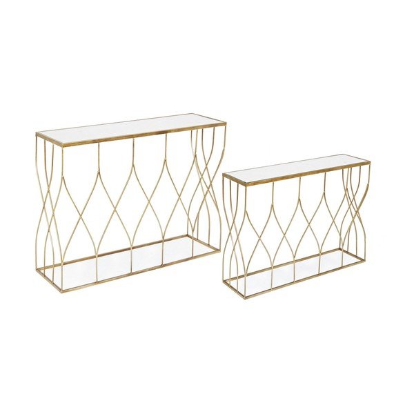 Aranyszínű konzolasztal szett 2 db-os üveg asztallappal 33x104 cm Elenor – Bizzotto