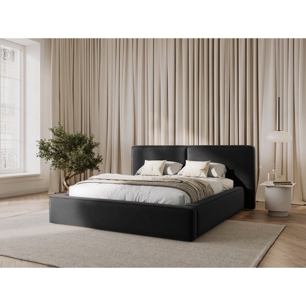 Sötétszürke bársony kárpitozott ágyneműtartós franciaágy ágyráccsal 200x200 cm Arendal – Cosmopolitan Design-image-1