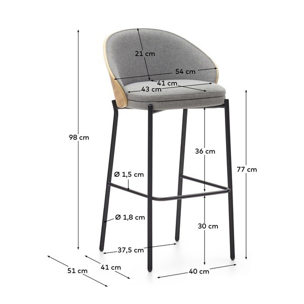 Szürke-natúr színű bárszék (ülésmagasság 77 cm) Eamy – Kave Home-image-3