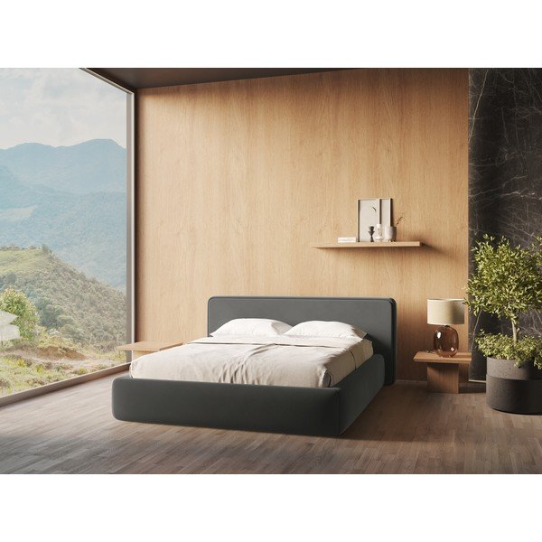 Sötétszürke kárpitozott ágyneműtartós franciaágy ágyráccsal 140x200 cm Kiana – Makamii-image-1