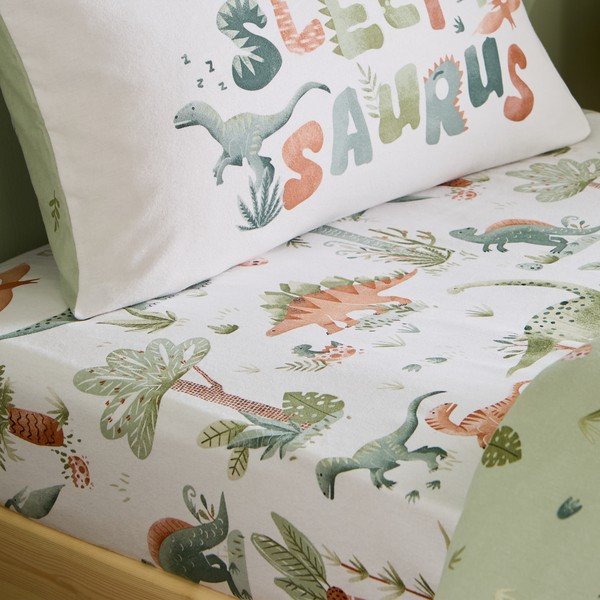 Krémszínű gumis egyszemélyes flanel gyerek lepedő 90x190 cm Brushed Sleepy Saurus Dino – Catherine Lansfield