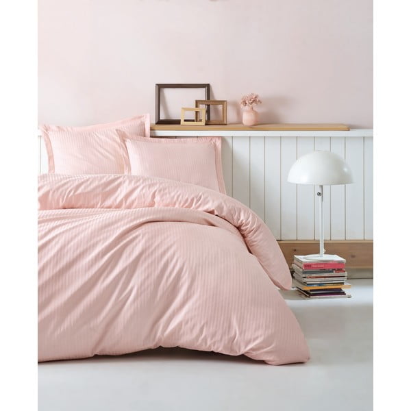 Világos rózsaszín kétszemélyes-hosszabbított pamut-szatén ágyneműhuzat lepedővel-ágytakaróval 240x260 cm – Mijolnir