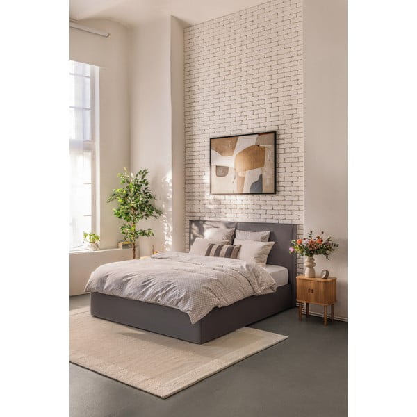 Szürke kárpitozott ágyneműtartós franciaágy matraccal, ágyráccsal 160x200 cm Thessa Bold – Bonami Selection-image-1