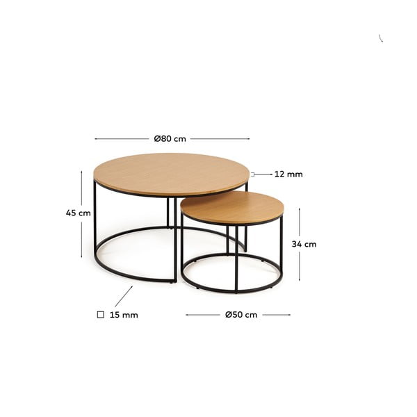 Kerek dohányzóasztal szett tölgyfa dekoros asztallappal, 2 db-os ø 80 cm Yona - Kave Home-image-4