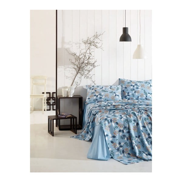 Basso Azuro kék elasztikus lepedő és 2 párnahuzat szett egyszemélyes ágyhoz, 160 x 240 cm