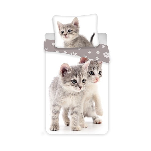 Fehér-szürke egyszemélyes pamut gyerek ágyneműhuzat 140x200 cm Kitten "Grey" – Jerry Fabrics