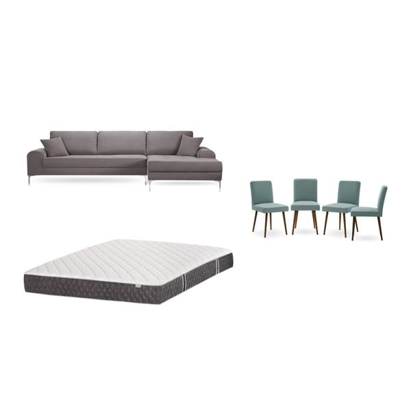 Barna jobboldali sarokkanapé, 4 db szürkészöld szék, matrac (160 x 200 cm) szett - Home Essentials