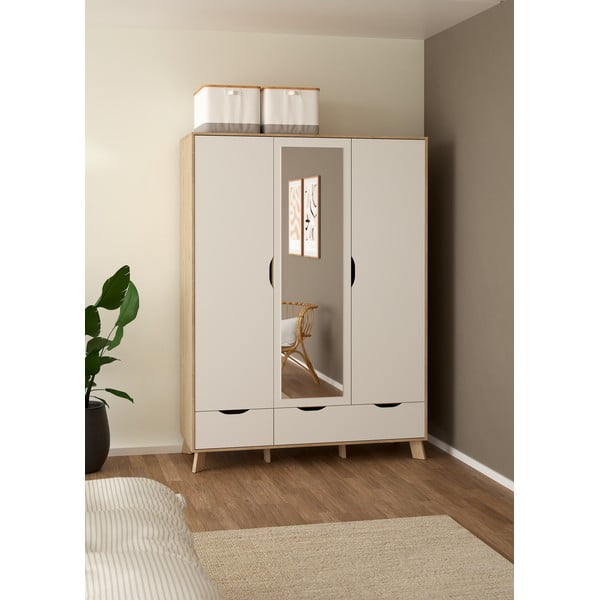 Fehér-natúr színű ruhásszekrény tükörrel tölgyfa dekorral 147x201x58 cm Ikast – Tvilum-image-1