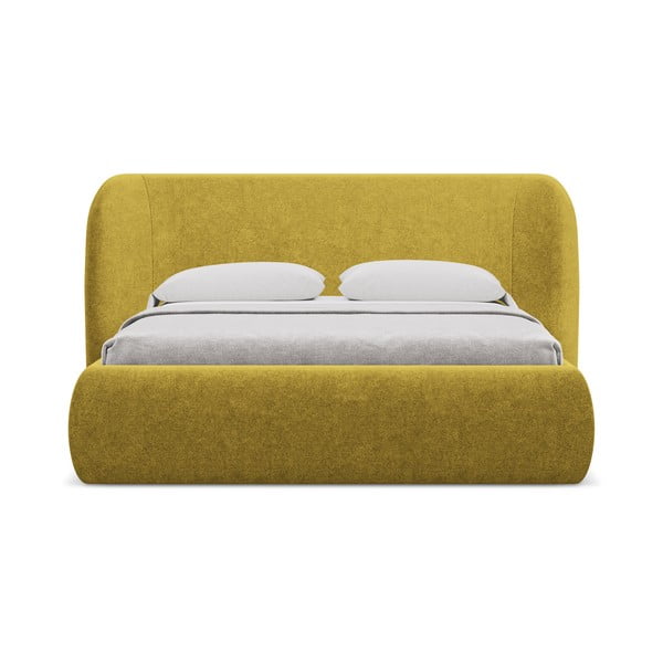 Mustársárga kárpitozott ágyneműtartós franciaágy ágyráccsal 160x200 cm Hauke – Makamii-image-3