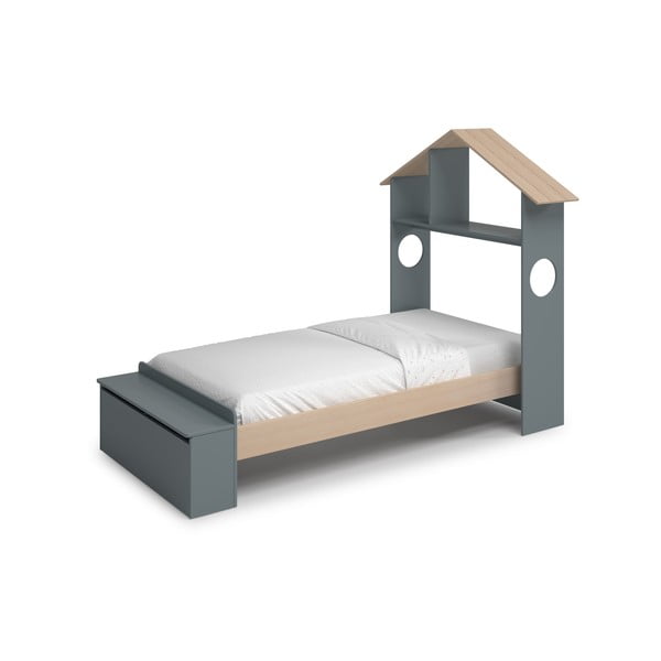 Natúr színű-szürkészöld ágyneműtartós házikó alakú gyerekágy ágyráccsal 90x190 cm borovi fenyő dekorral Odessa – Marckeric-image-2