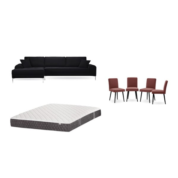 Fekete baloldali sarokkanapé, 4 db téglapiros szék, matrac (160 x 200 cm) szett - Home Essentials