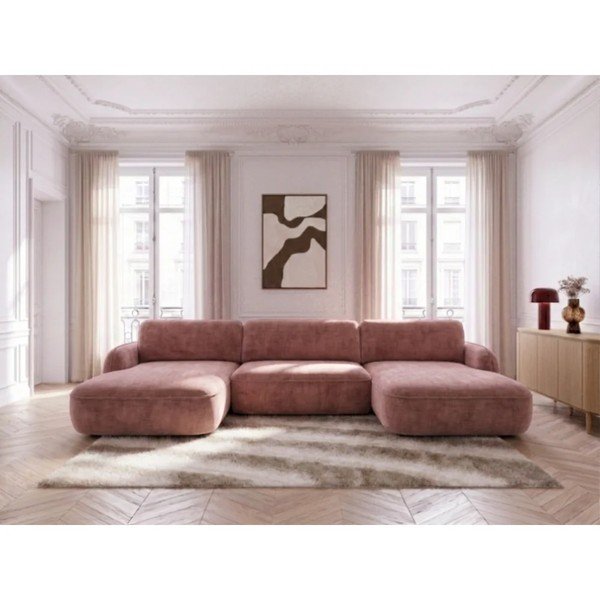 Rózsaszín bársony kinyitható-tárolóhelyes (U alakú) sarokkanapé Celeste – Bobochic Paris-image-1