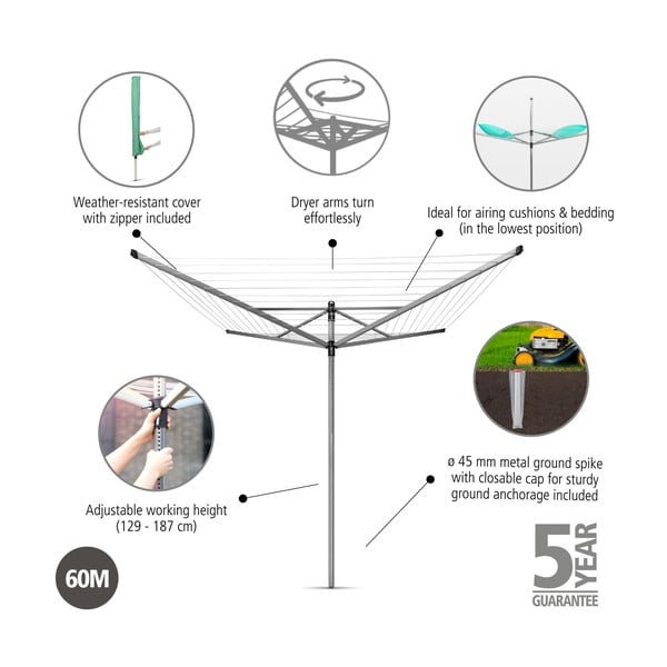 Ezüstszínű kerti ruhaszárító 60 m Lift-O-Matic – Brabantia-image-4