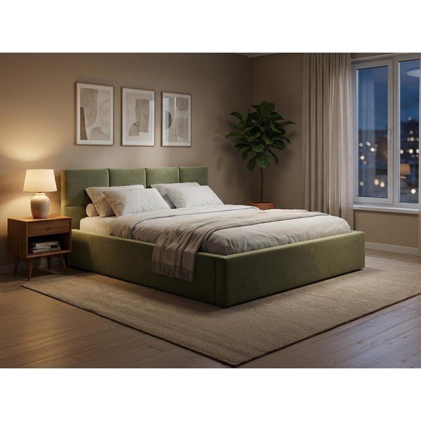 Sötétzöld bársony kárpitozott ágyneműtartós franciaágy ágyráccsal 140x200 cm Hiko – Makamii-image-1