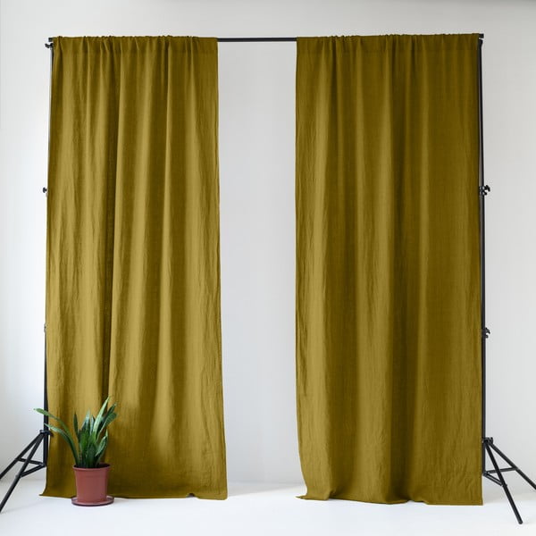 Okkersárgás-zöld len függöny 140x200 cm Moss Green – Linen Tales