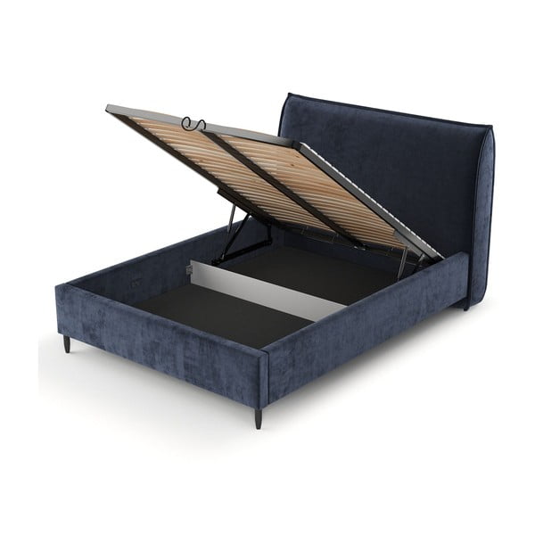 Sötétkék kárpitozott ágyneműtartós franciaágy ágyráccsal 180x200 cm Shell – Maison de Rêve-image-4