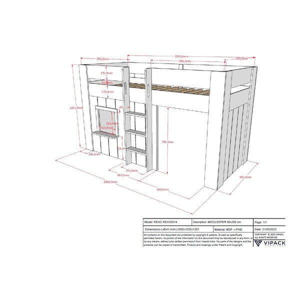 Fehér magasított borovi fenyő gyerekágy 90x200 cm RENO – Vipack-image-3