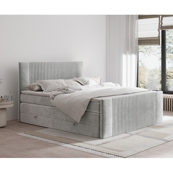 Világosszürke ágyneműtartós boxspring ágy 200x200 cm Bergamo – Maison de Rêve-image-1