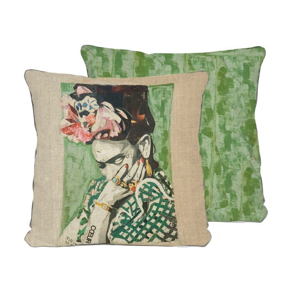 Frida Collage Green kétoldalas lenkeverék párnahuzat, 45 x 45 cm - Madre Selva