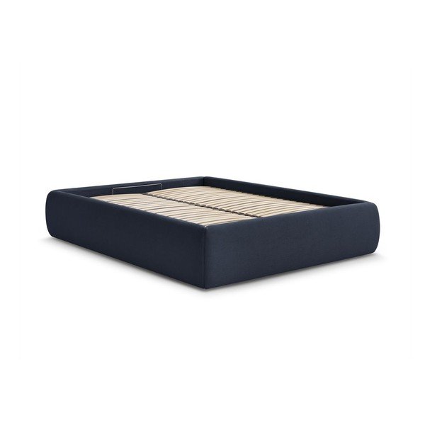 Sötétkék kárpitozott ágyneműtartós franciaágy ágyráccsal, ágytámla nélkül 160x200 cm Inera – Bobochic Paris
