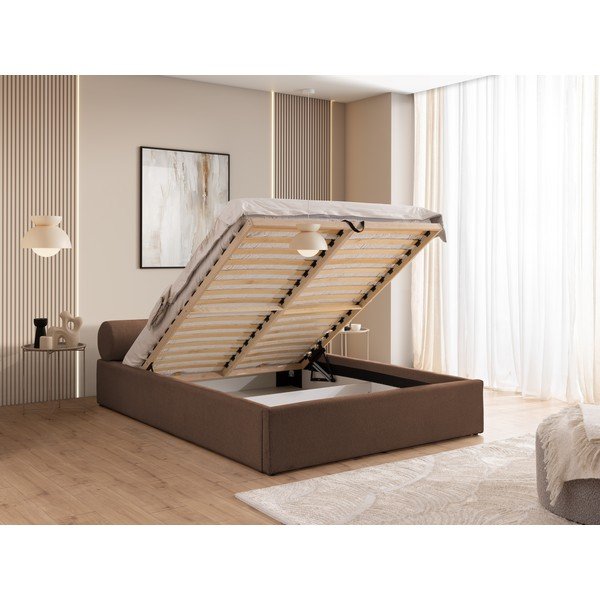 Barna kárpitozott ágyneműtartós franciaágy ágyráccsal 200x200 cm Cille – Ropez-image-4