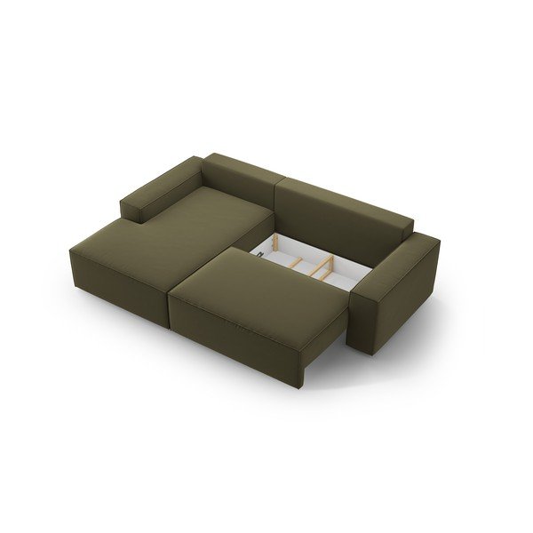 Zöld bársony kinyitható-tárolóhelyes sarokkanapé (bal oldali-heverő résszel) Jodie – Micadoni -image-4