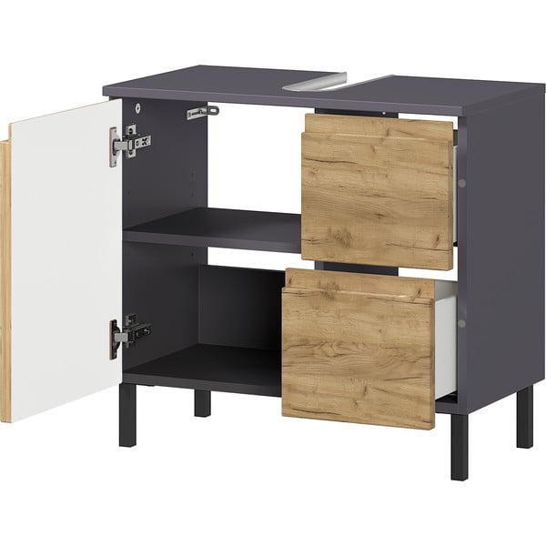 Sötétszürke mosdókagyló alatti szekrény tölgyfa dekorral 60x56 cm Salinas - Germania-image-3