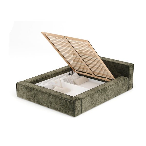 Sötétzöld kárpitozott ágyneműtartós franciaágy ágyráccsal 180x200 cm Voliera – Maison de Rêve-image-2