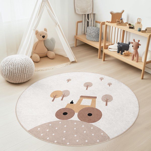 Bézs mosható gyerek szőnyeg ø100 cm Tractor World – Mila Home-image-1