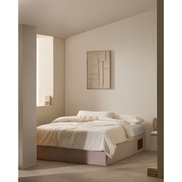 Bézs kárpitozott ágyneműtartós franciaágy 160x200 cm Matters – Kave Home-image-1