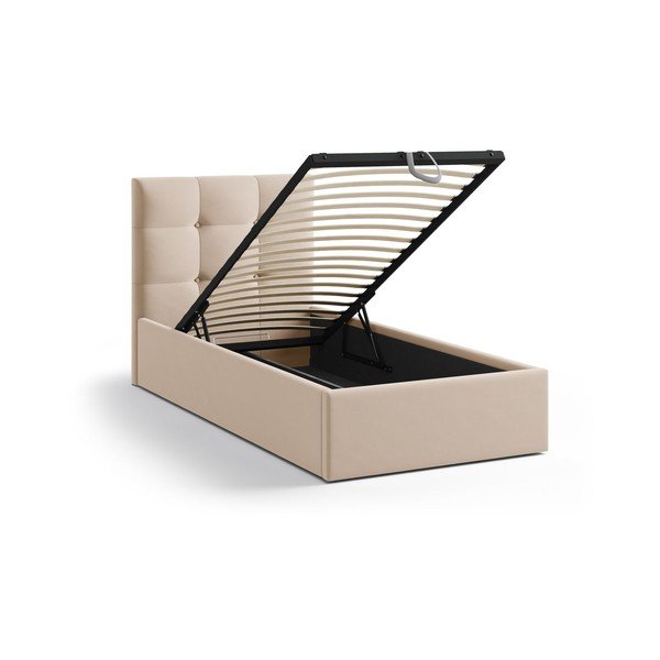 Világosbarna kárpitozott ágyneműtartós egyszemélyes ágy ágyráccsal 90x200 cm Phaedra – Micadoni -image-1