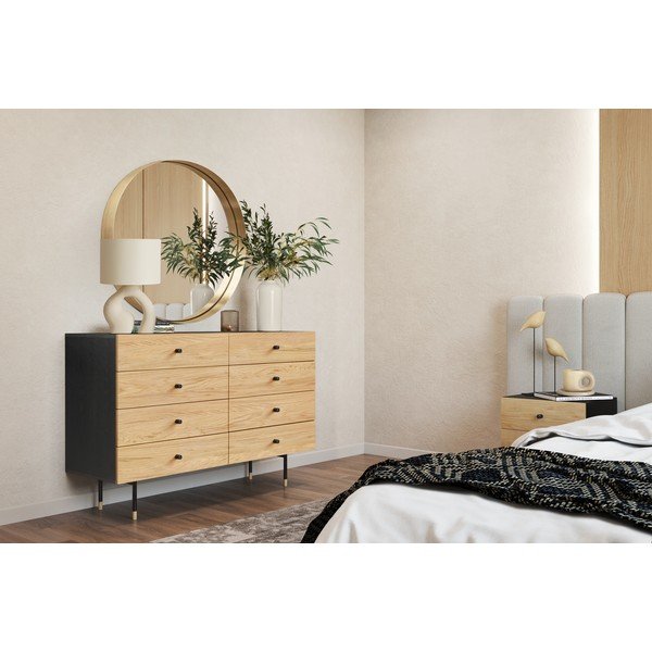 Fekete-natúr színű alacsony komód tölgyfa dekorral 130x87 cm Jugend – Woodman-image-1