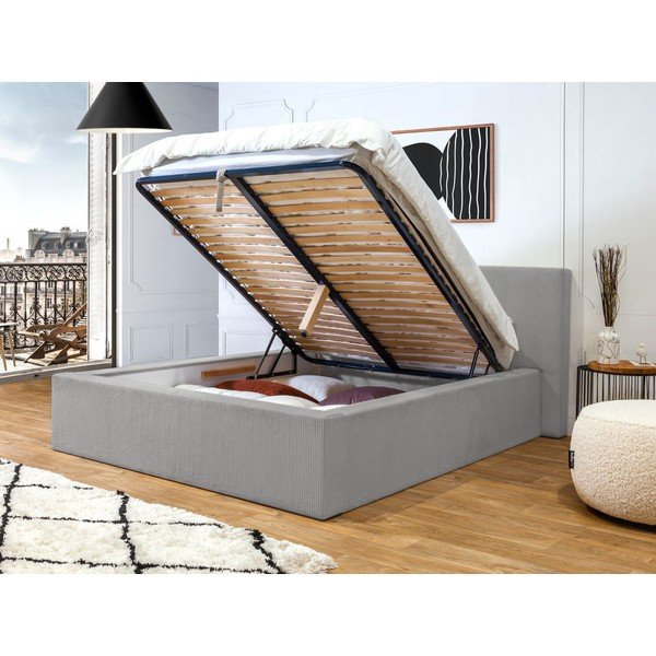 Világosszürke kárpitozott franciaágy tárolóhellyel, ágyráccsal 160x200 cm Nihad – Bobochic Paris-image-3