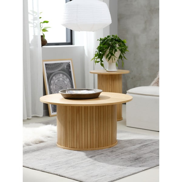Natúr színű kerek dohányzóasztal tölgyfa dekorral ø 90 cm Nola – Unique Furniture-image-1