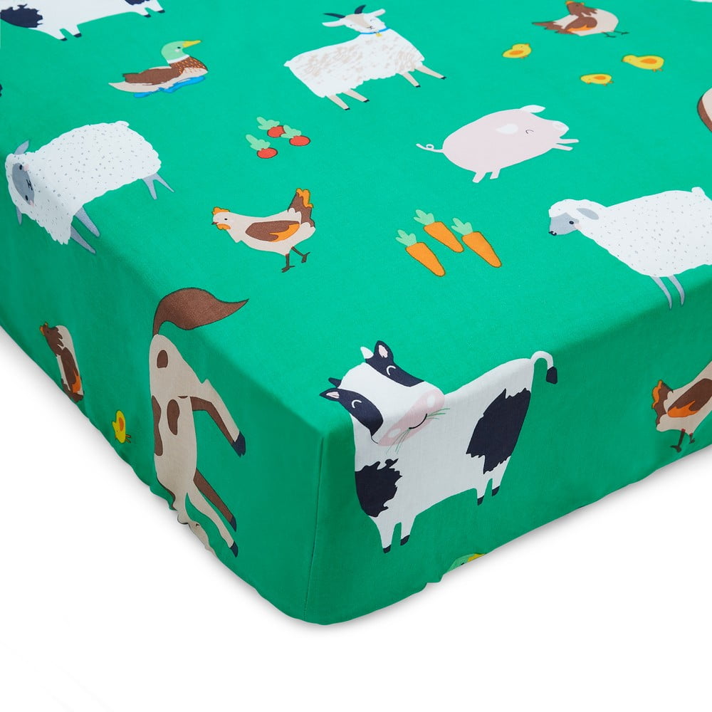 Zöld gumis egyszemélyes gyerek lepedő 90x190 cm Farmyard Animals – Catherine Lansfield