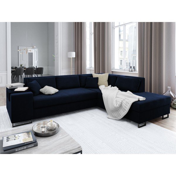 York kék kinyitható bársony sarokkanapé, jobb oldali - Cosmopolitan Design-image-1
