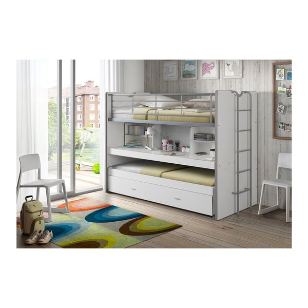 Fehér emeletes ágyneműtartós gyerekágy kihúzható pótággyal, ágyráccsal 90x200 cm Bonny – Vipack-image-1