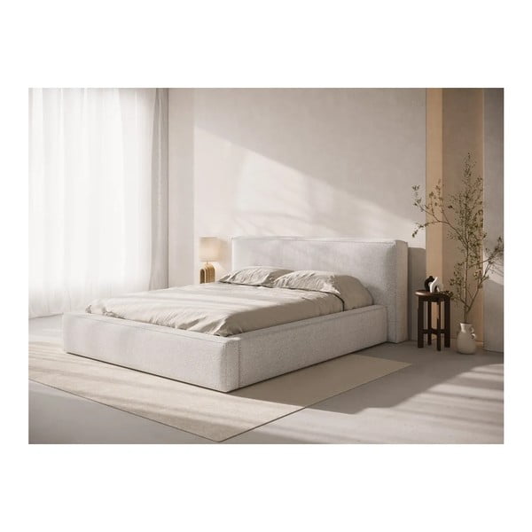 Világosszürke kárpitozott ágyneműtartós franciaágy ágyráccsal 140x200 cm Simon Olivia – Micadoni -image-1