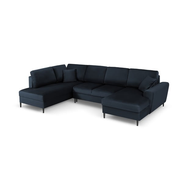 Sötétkék bársony kinyitható tárolóhelyes sarokkanapé (bal oldali-U alakú) Kyoto – Cosmopolitan Design-image-1