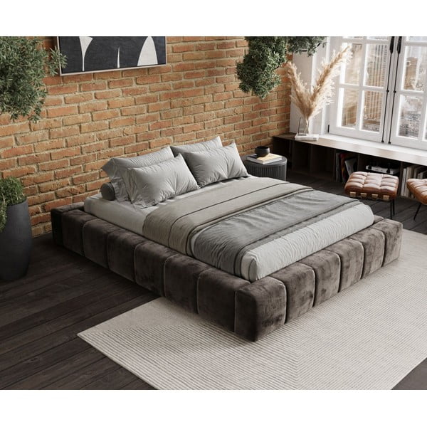 Barna kárpitozott ágyneműtartós franciaágy ágyráccsal 180x200 cm Aruba L – Maison de Rêve-image-1