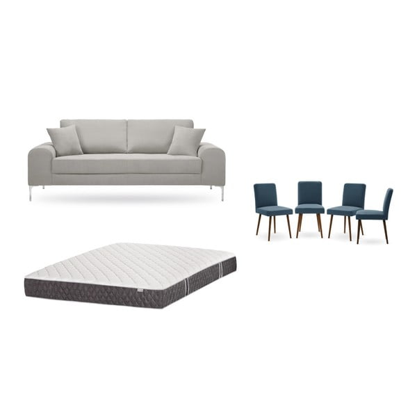 Világosszürke, háromszemélyes kanapé, 4 db kék szék, matrac (160 x 200 cm) szett - Home Essentials