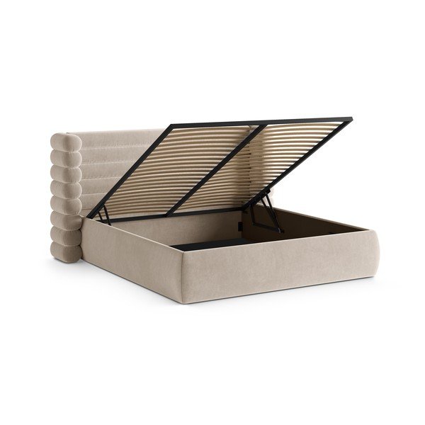 Bézs kárpitozott ágyneműtartós franciaágy ágyráccsal 160x200 cm Mount – Micadoni -image-2