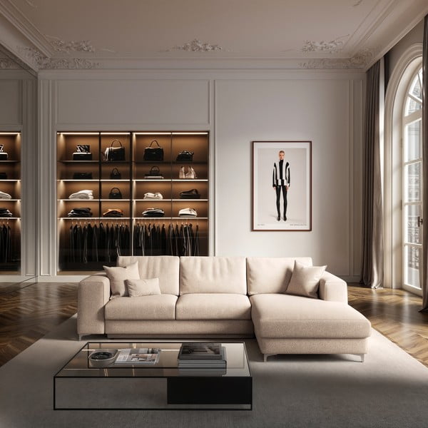 Bézs buklé kinyitható tárolóhelyes sarokkanapé (jobb oldali-heverő résszel) Rene – Rodier-image-1