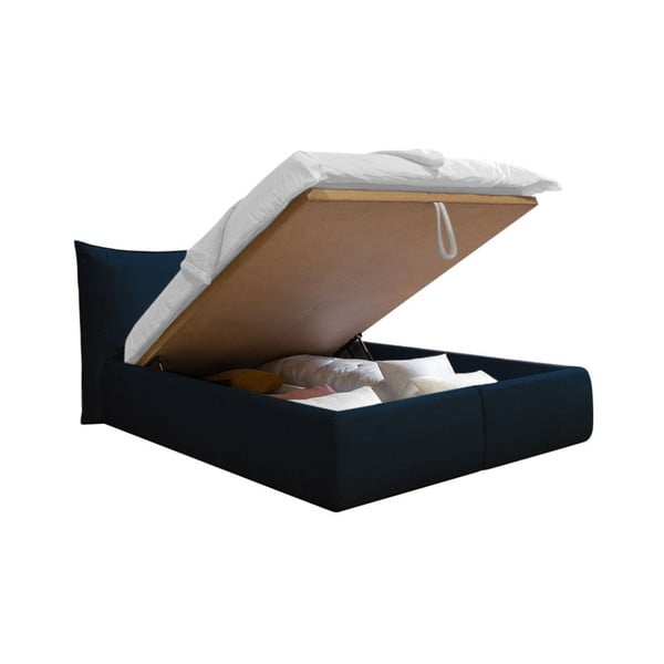 Sötétkék kárpitozott ágyneműtartós franciaágy ágyráccsal 180x200 cm Jade – Bobochic Paris-image-3