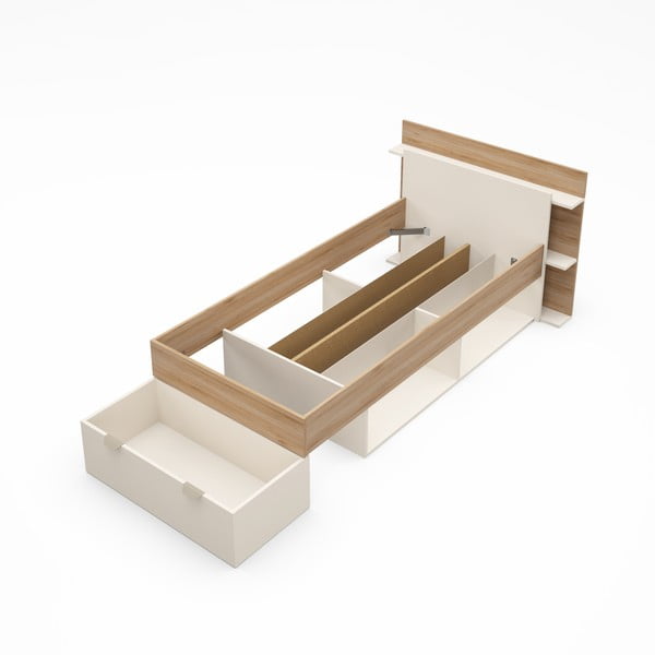 Fehér-natúr színű ágyneműtartós egyszemélyes ágy ágyrács nélkül, tölgyfa dekorral  90x200 cm Albo – Marckeric-image-3
